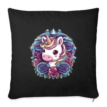 Licorne Kawaii avec des roses - Housse de coussin décorative 45 x 45 cm - noir - Devant