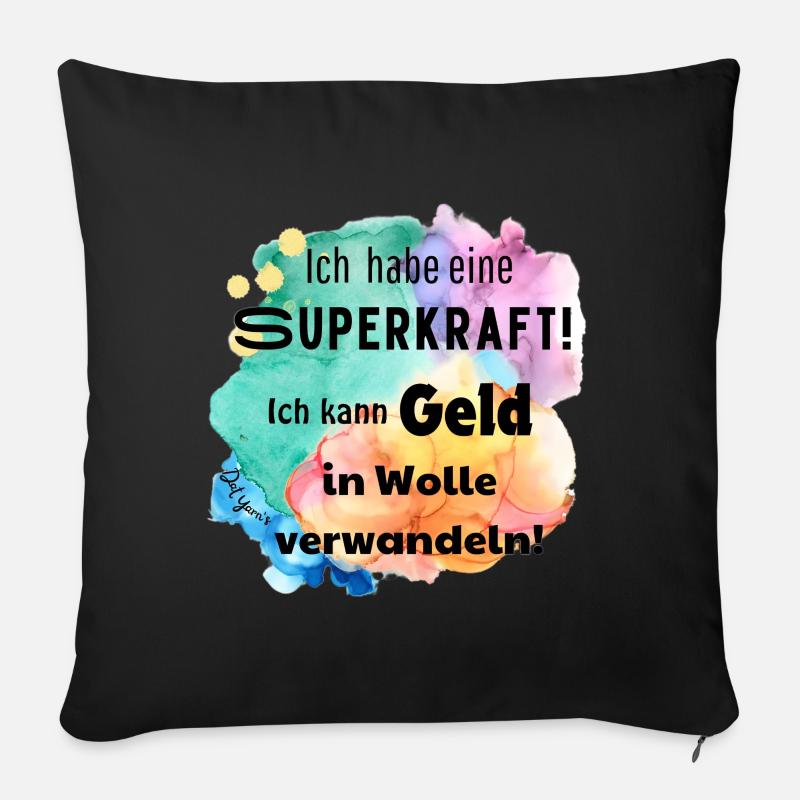 SuperkraftWolle, häkeln, stricken, lustiger Spruch - Sofakissenbezug 45 x 45 cm - Schwarz