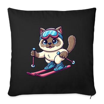 Chat siamois ski vacances skieur - Housse de coussin décorative 45 x 45 cm - noir - Devant