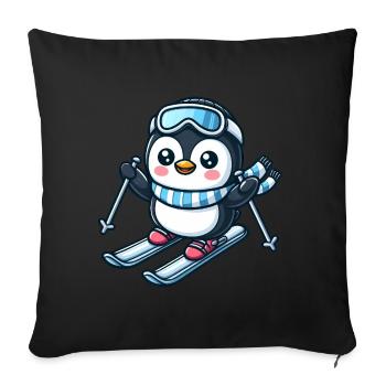 Pingouin skieur sports d’hiver aventure - Housse de coussin décorative 45 x 45 cm - noir - Devant