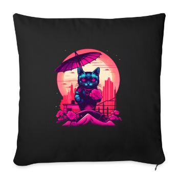 Synthwave japan Cat with umbrella - Sofakissenbezug 45 x 45 cm - Schwarz - Vorne