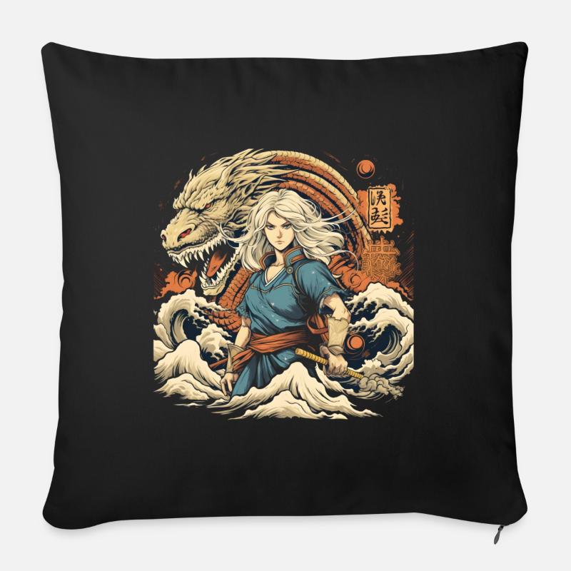 Anime Frau Mit Drachen - Sofakissenbezug 45 x 45 cm - Schwarz