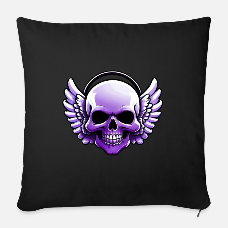 Cartoon Comic Lila Totenkopfschädel mit Kopfhörer - Sofakissenbezug 45 x 45 cm - Schwarz