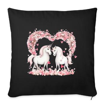 Niedlilches Einhorn Paar mit Blumenherz - Sofakissenbezug 45 x 45 cm - Schwarz - Vorne