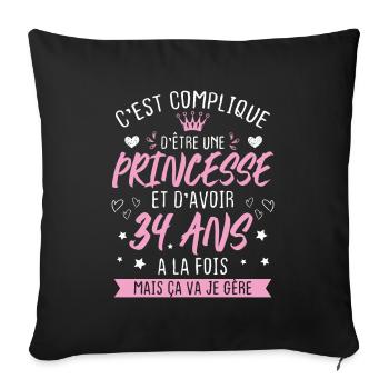 Une princesse et d'avoir 34 ans, Cadeau 34 ans - Housse de coussin décorative 45 x 45 cm - noir - Devant