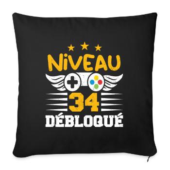Niveau 34 Débloqué, cadeau de joueur - Housse de coussin décorative 45 x 45 cm - noir - Devant