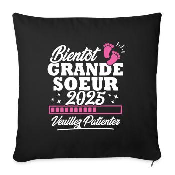 Bientôt grande soeur 2025 - Housse de coussin décorative 45 x 45 cm - noir - Devant