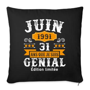 31 Ans Anniversaire Vintage Né(e) en Juin 1991 - Housse de coussin décorative 45 x 45 cm - noir - Devant