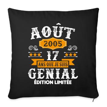 17 Ans Anniversaire Vintage Né(e) en Août 2005 - Housse de coussin décorative 45 x 45 cm - noir - Devant