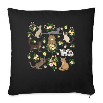 Chats Ludiques Fleurs Mignons Félins - Housse de coussin décorative 45 x 45 cm - noir - Devant