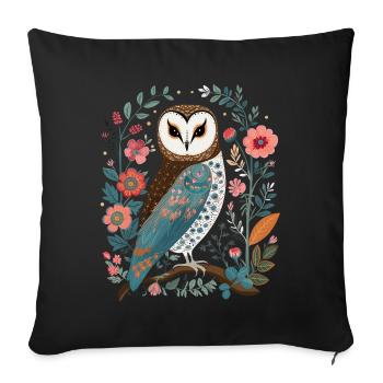 Niedliche Eule Vogel Federn Blumen Muster - Sofakissenbezug 45 x 45 cm - Schwarz - Vorne