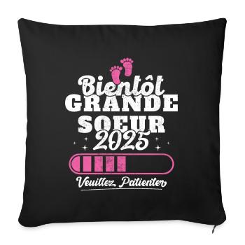 Bientôt grande soeur 2025 - Housse de coussin décorative 45 x 45 cm - noir - Devant