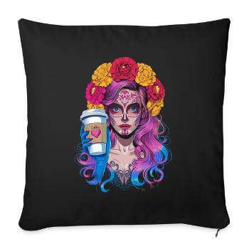 Dia de los Muertos Café avec Belle Femme de - Housse de coussin décorative 45 x 45 cm - noir - Devant