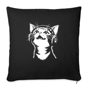 Chat mignon avec des écouteurs - écouter de la musique - Housse de coussin décorative 45 x 45 cm - noir - Devant