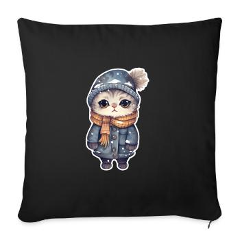 Chat avec chapeau, écharpe et veste - Housse de coussin décorative 45 x 45 cm - noir - Devant
