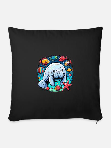 Seekuh mit vielen bunten Fischen und Seestern - Sofakissenbezug 45 x 45 cm - Schwarz