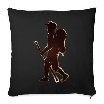 Pèlerin ou randonneur avec bâton de marche et sac à dos - Housse de coussin décorative 45 x 45 cm - noir - Devant