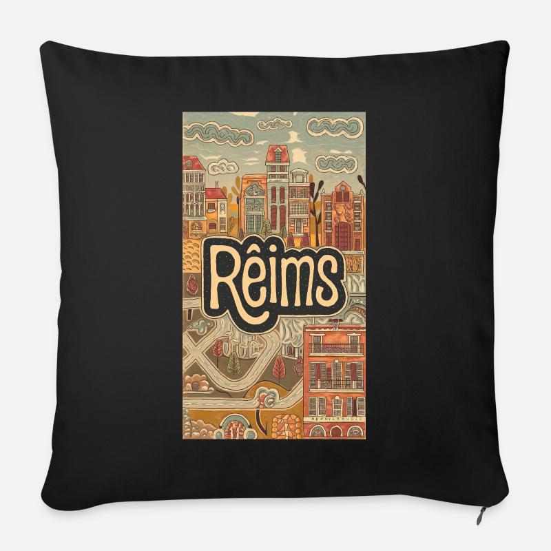 Reims Stadtbild Retro Illustration - Sofakissenbezug 45 x 45 cm - Schwarz