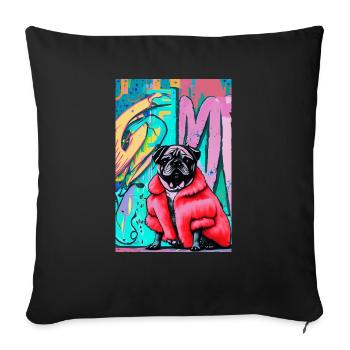 Pop-Art | Süßer Mops im roten Pelzmantel - Sofakissenbezug 45 x 45 cm - Schwarz - Vorne