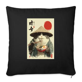 Samurai Cat Eating Ramen - Sofa pillowcase 17,3'' x 17,3'' (45 x 45 cm) - black - Front