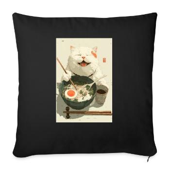 Glückliche weiße Katze isst Ramen - Sofakissenbezug 45 x 45 cm - Schwarz - Vorne