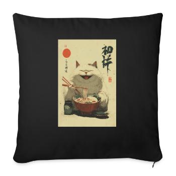 Happy White Cat Slurping Ramen - Sofa pillowcase 17,3'' x 17,3'' (45 x 45 cm) - black - Front