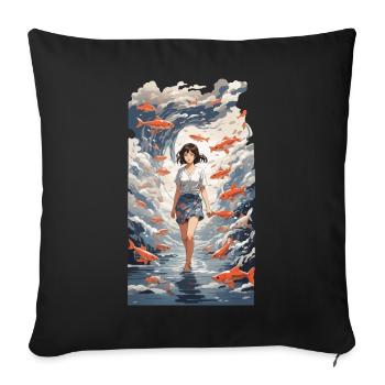 Anime Vaporwave Tokyo Océan Poisson Mer Design - Housse de coussin décorative 45 x 45 cm - noir - Devant