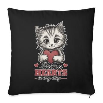 Chaton mignon qui vole des cœurs - Chat tenant un cœur - Housse de coussin décorative 45 x 45 cm - noir - Devant