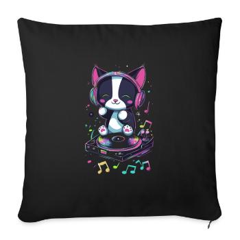Chat mignon avec des écouteurs et un disque - Housse de coussin décorative 45 x 45 cm - noir - Devant