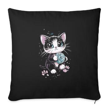Cute cat with ball of wool - Sofa pillowcase 17,3'' x 17,3'' (45 x 45 cm) - black - Front
