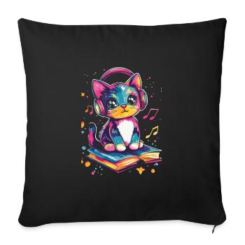 Cute cat with headphones and books - Sofa pillowcase 17,3'' x 17,3'' (45 x 45 cm) - black - Front