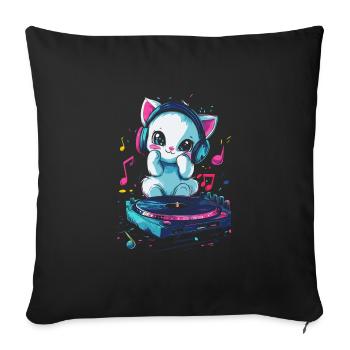 Chat mignon avec des écouteurs et un disque vinyle - Housse de coussin décorative 45 x 45 cm - noir - Devant