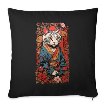Chat japonais esthétique en kimono Ukiyo-E - Housse de coussin décorative 45 x 45 cm - noir - Devant