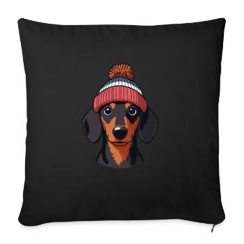 Chien teckel avec bonnet chapeau animal ami - Housse de coussin décorative 45 x 45 cm - noir - Devant