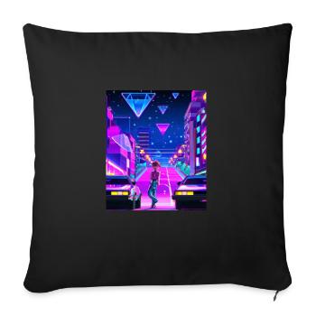 Vaporwave Esthétique Synthwave City Anime Girl - Housse de coussin décorative 45 x 45 cm - noir - Devant