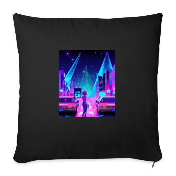 Vaporwave Esthétique Synthwave City Anime Girl - Housse de coussin décorative 45 x 45 cm - noir - Devant