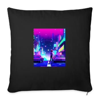 Vaporwave Esthétique Synthwave City Anime Girl - Housse de coussin décorative 45 x 45 cm - noir - Devant