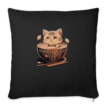Kawaii Neko Cat mangeant des nouilles ramen Cuisine japonaise - Housse de coussin décorative 45 x 45 cm - noir - Devant