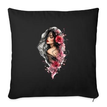 Femme au voile noir et aux fleurs - Housse de coussin décorative 45 x 45 cm - noir - Devant