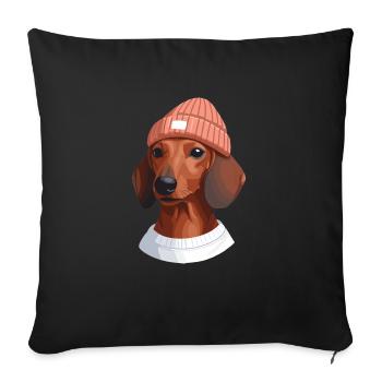 Chien teckel avec bonnet chapeau animal amitié - Housse de coussin décorative 45 x 45 cm - noir - Devant