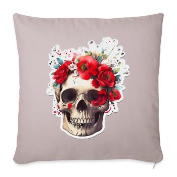 Totenkopf mit roten Blumen - Sofakissenbezug 45 x 45 cm - helles Taupe - Vorne