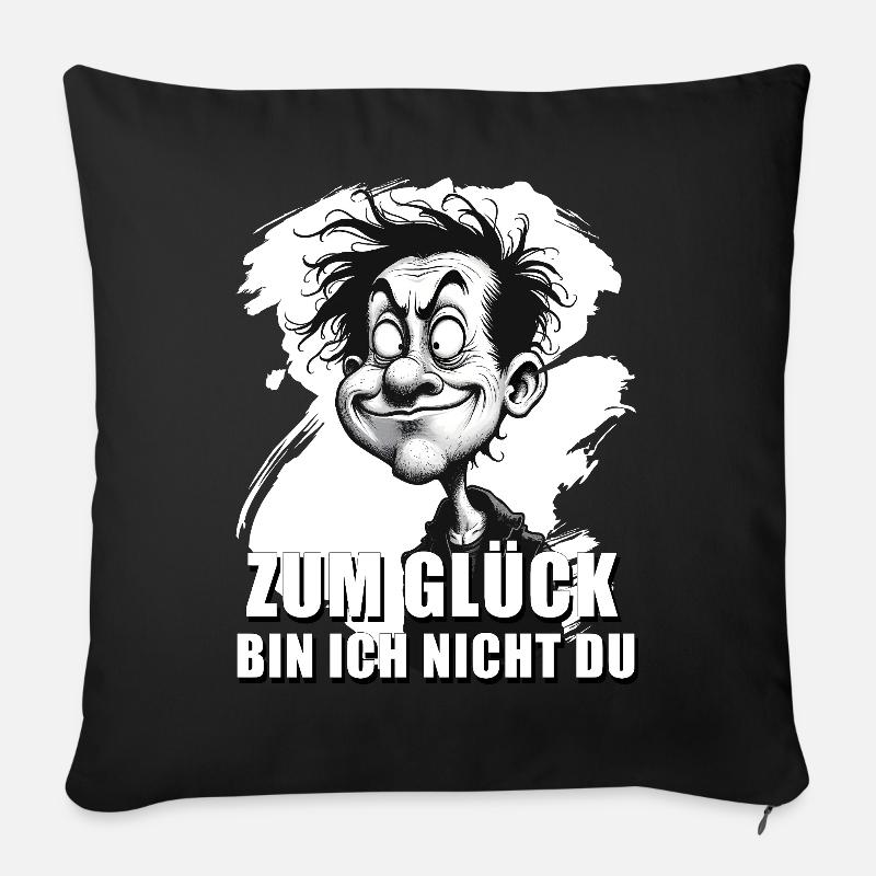 Karikatur mit „Zum Glück…“-Zitat - Sofakissenbezug 45 x 45 cm - Schwarz