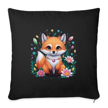 Dessin animé Kawaii renard avec des fleurs colorées - Housse de coussin décorative 45 x 45 cm - noir - Devant