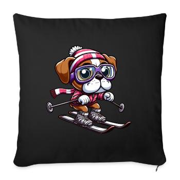 Boxer dog on skis - winter holiday in comic style - Sofa pillowcase 17,3'' x 17,3'' (45 x 45 cm) - black - Front