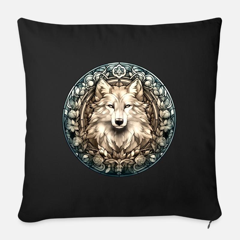 Weißer Wolf, Blumen, Bleiglas Style, Tiere, Hund - Sofakissenbezug 45 x 45 cm - Schwarz