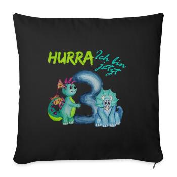 Dino, Geburtstag Hurra ich bin jetzt 3 Dinos - Sofakissenbezug 45 x 45 cm - Schwarz - Vorne