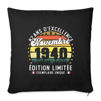 82 Ans Anniversaire Vintage Né en Novembre 1940 - Housse de coussin décorative 45 x 45 cm - noir - Devant