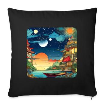 Colorful Motif Asian Landscape - Sofa pillowcase 17,3'' x 17,3'' (45 x 45 cm) - black - Front