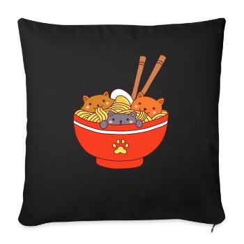Trois chats mignons mangent des nouilles ramen japonaises - Housse de coussin décorative 45 x 45 cm - noir - Devant
