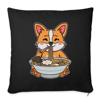 Le chien Corgi mange de la soupe de nouilles ramen - Housse de coussin décorative 45 x 45 cm - noir - Devant